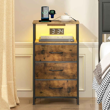 Advwin Bedside Table 2/3 Fabric Drawers Wooden, LED Nightstand with Charging Station And USB Port